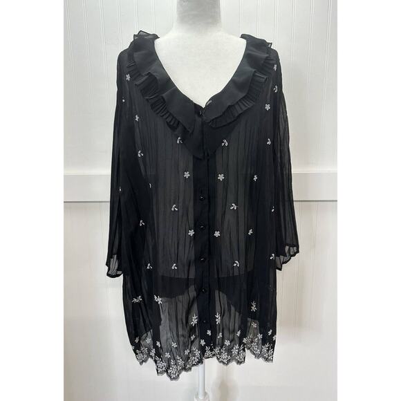 Maggie Barnes Semi Sheer Blouse 2X Button Up Black Floral Ruffle Collar *Flaw - Picture 1 of 11